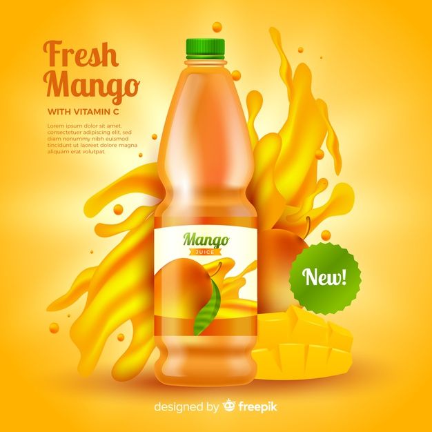 fresh mango juice bottle with splashes and label on the yellow background, 3d illustration