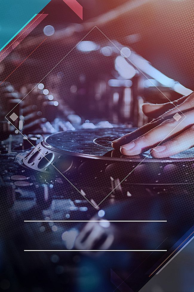 a dj mixing music on his turntable in front of an abstract background with geometric shapes