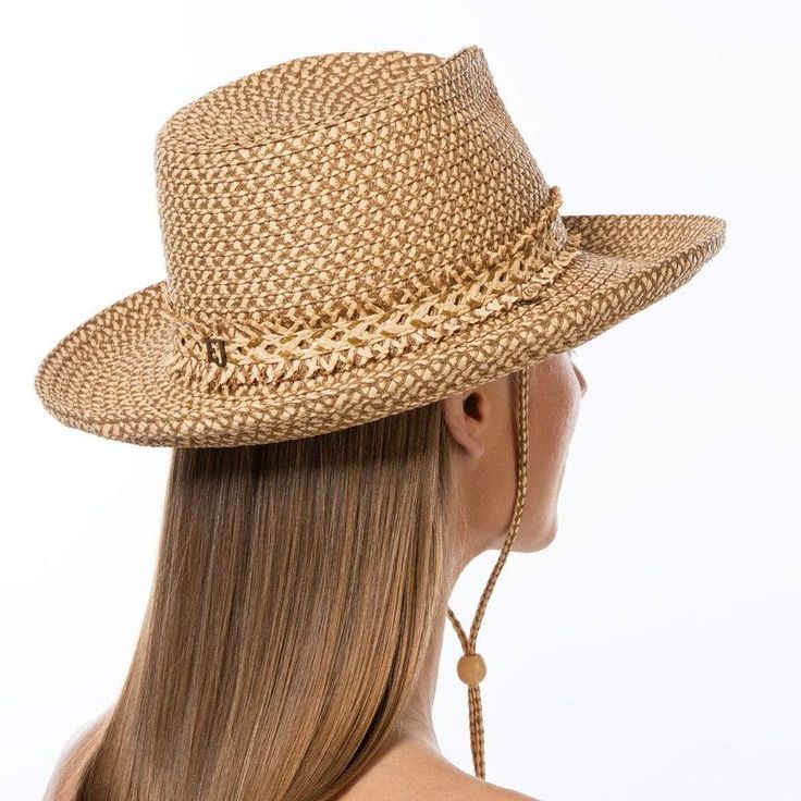 Tucson is a designer woman's sunhat for sale made of Squishee®. The modified Western shape has a fringe edged band and a self bolo braid chin strap with a wood bead to adjust and secure it. The signature logo rivet is discretely placed at the back of the crown. The wired brim permits shaping; push up the sides for more Western flare, or flatten them out for additional shade. Squishee® is a man-made material incorporating recycled fibers. It looks and feels just like natural raffia but has the ad Elegant Adjustable Braided Hat, Elegant Adjustable Woven Hat Bands, Braided Flat Brim Fedora, Adjustable Woven Toquilla Straw Fedora, Bohemian Fedora With Upf 50+ And Adjustable Fit, Adjustable Fedora With Braided Detail And Flat Brim, Adjustable Braided Fedora Hat, Adjustable Braided Fedora, Adjustable Flat Brim Braided Fedora