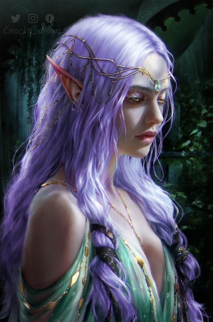 a painting of a woman with purple hair and an elf's headdress