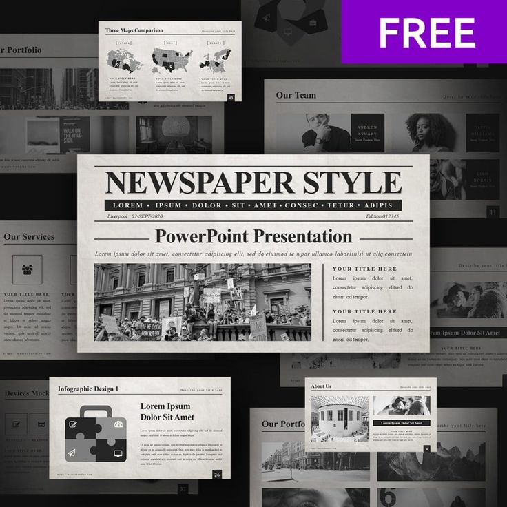 the newspaper style powerpoint presentation is displayed on a black background with multiple images and text