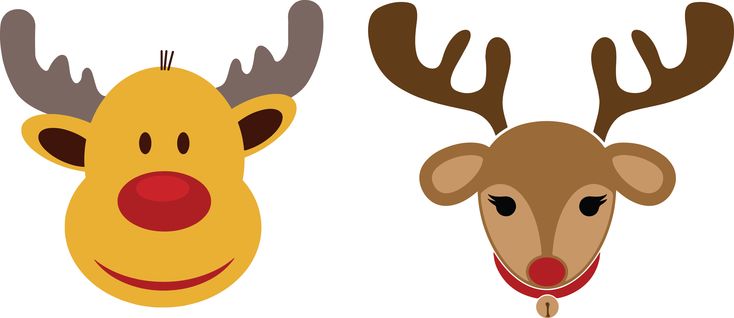 two reindeer heads with different colored noses and antlers on their head, one has a red nose