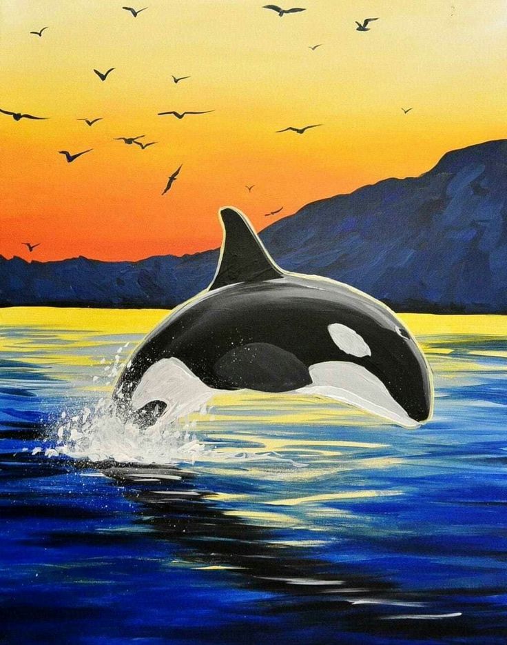 an orca jumping out of the water at sunset with birds flying above it and mountains in the background