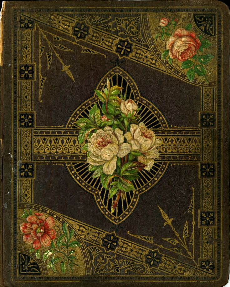 an old book with flowers painted on the front and back cover, in gold trimmings