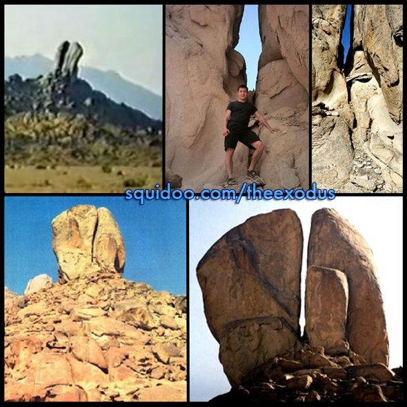 several pictures of rocks and mountains with one man climbing up the mountain, another standing in front of rock formations