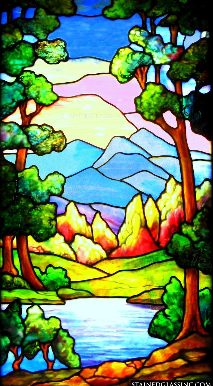 a stained glass window with trees and mountains in the background, depicting a river running through it