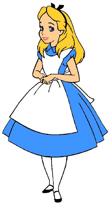 an animated image of alice from the wizard's palace in blue and white dress