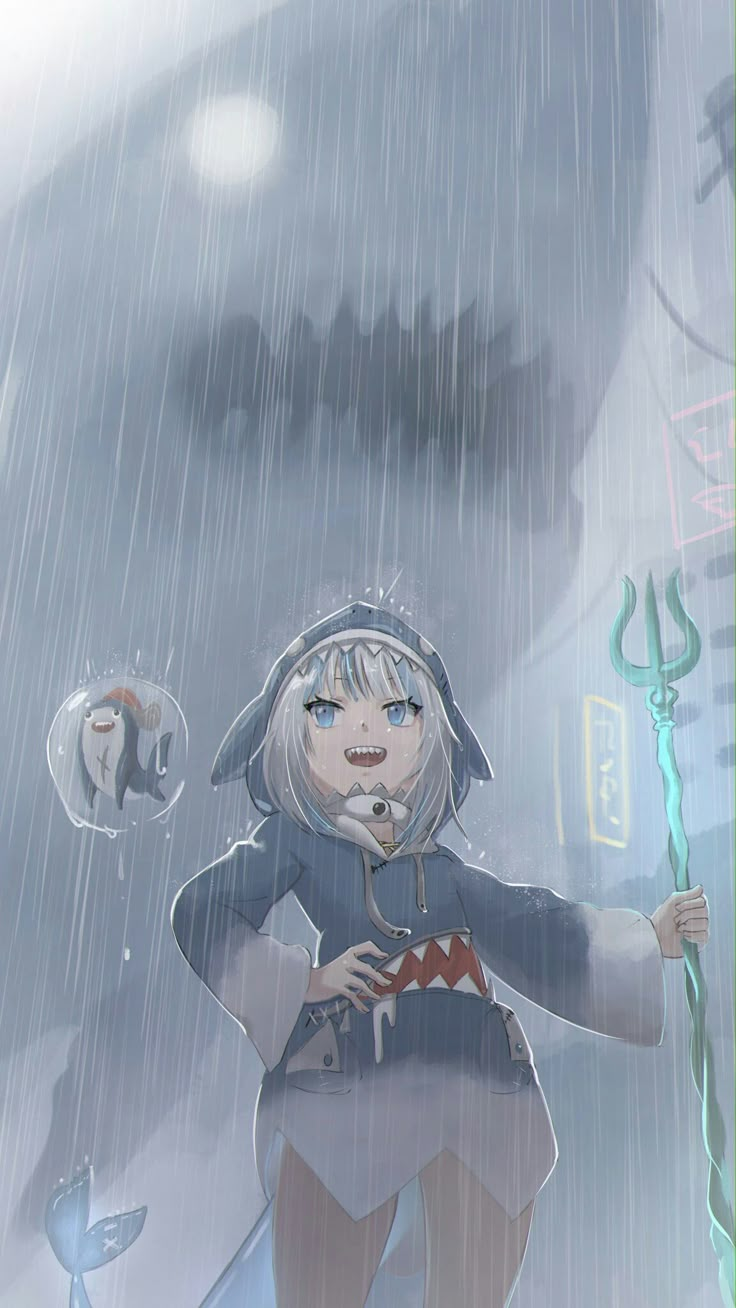 an anime character standing in the rain with her hands on her hips and head tilted back