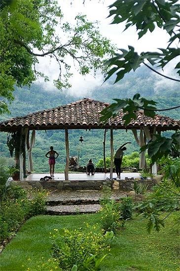 a gazebo in the middle of a lush green field