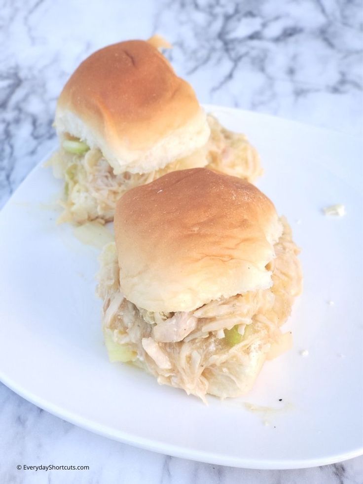 two sandwiches sitting on top of a white plate next to each other in front of a marble counter