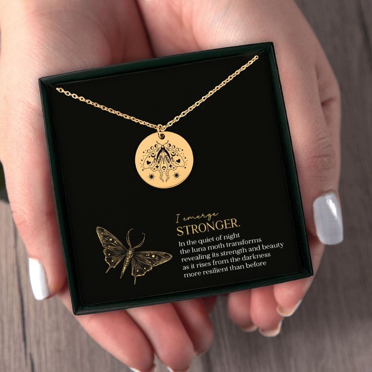 Celebrate transformation and personal growth with this stunning luna moth necklace featuring a beautifully engraved luna moth pendant. This decorative luna moth design captures the essence of resilience, serving as a daily reminder of inner strength and beauty. With a truly inspirational message, this gift is perfect for anyone going through a period of personal growth or seeking a symbol of spiritual transformation. This meaningful necklace is an ideal encouragement gift for a friend, family me Nature-inspired Necklace With Butterfly Charm, Spiritual Butterfly Pendant Necklace Gift, Spiritual Butterfly Charm Necklace For Gift, Spiritual Butterfly Charm Necklace As Gift, Spiritual Butterfly Pendant Necklace For Gift, Spiritual Necklace With Butterfly Charm As Gift, Luna Moth Design, Moth Pendant, Moth Necklace