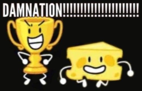 an image of two trophies with faces and words that say damnmation, it's the