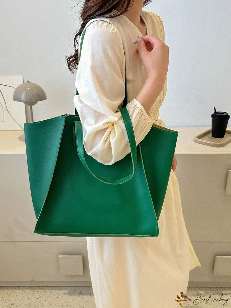 BirdinBag - Green PU Minimalist Shoulder Tote Bag with Inner Pouch Pink Backpack, Bags Tote, Word Wrap, Shoulder Tote Bag, Bag Set, Shoulder Tote, Handbag Backpack, Leather Coat, 16 9