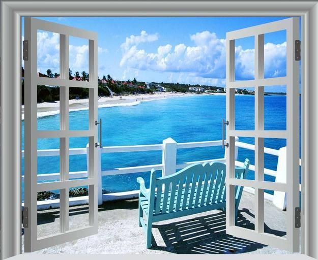 an open window overlooking the ocean with a bench in front of it and blue water