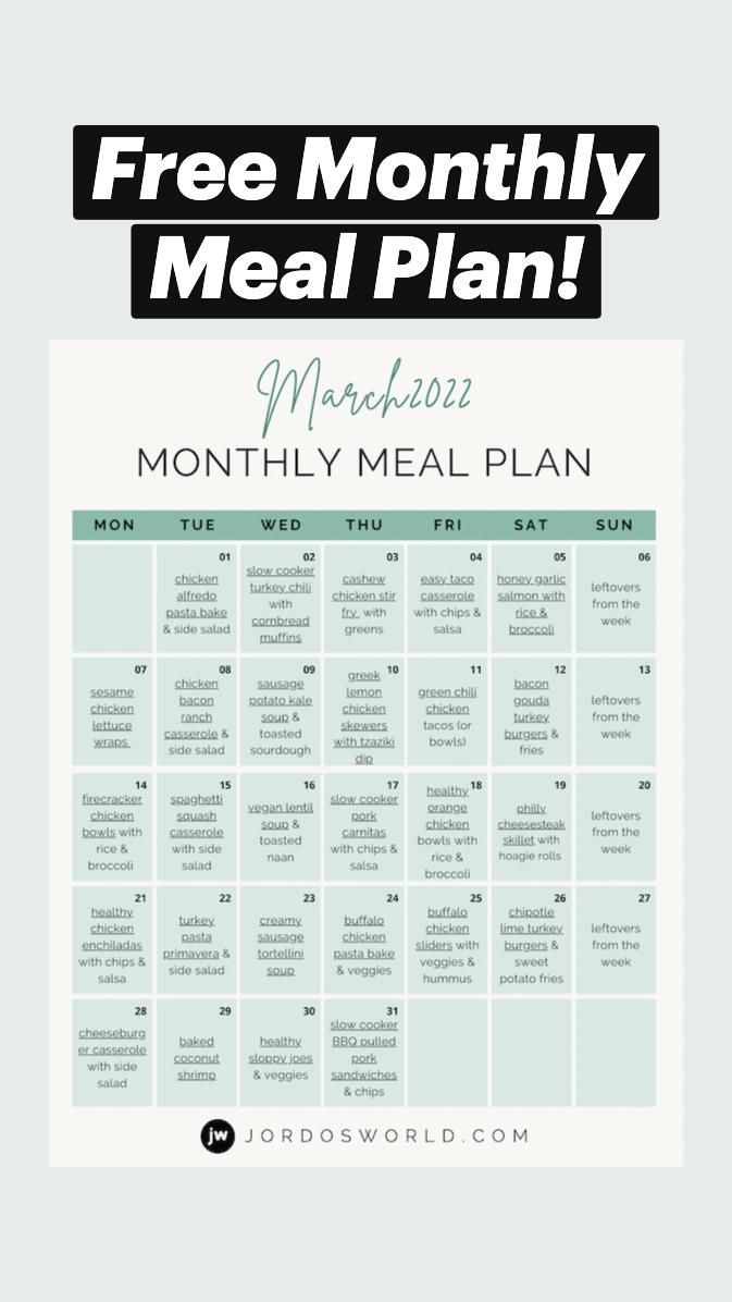 Free Monthly Meal Plan! | Monthly meal planning, Meal planning menus ...