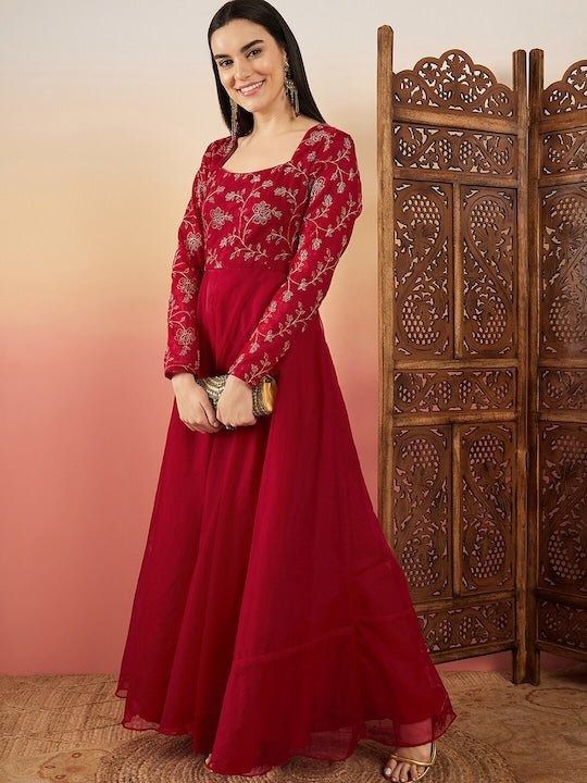 Red Floral Embroidered Flared Maxi Ethnic Dresses – Inddus.com Festive A-line Dress With Floral Embroidery, Designer Maxi Dress With Floral Embroidery, Red Anarkali Set With Floral Embroidery For Reception, Red Anarkali Set With Intricate Embroidery, Red Floor-length Salwar Kameez For Transitional Season, Embroidered Embellished Floor-length Dress For Eid, Embellished Floor-length Embroidered Dress For Eid, Embroidered Floor-length Dress Embellished For Eid, Red Sequined Dress For Navratri