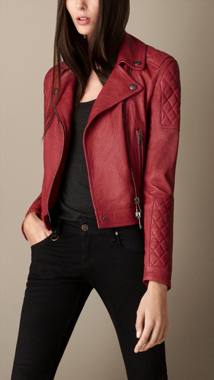 Burberry - Red Grainy Leather Quilted Biker Jacket Quilt Panels, Outfit Primavera, Fragrances For Women, British Outfits, Burberry Jacket, Leather Texture, Burberry Women, Leather Outfit, Diamond Quilt