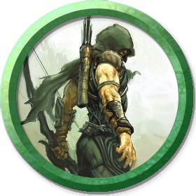 an image of a man with a bow and arrow on his back in a green circle