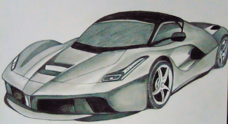 a drawing of a sports car on white paper with black and grey lines in the background