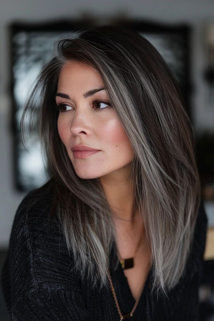 Long Grey Hair, Gray Blending, Grey Blending, Gray Balayage, Rambut Brunette, Grey Hair Transformation, Grey Hair Inspiration, Silver Highlights, Black Hair With Highlights