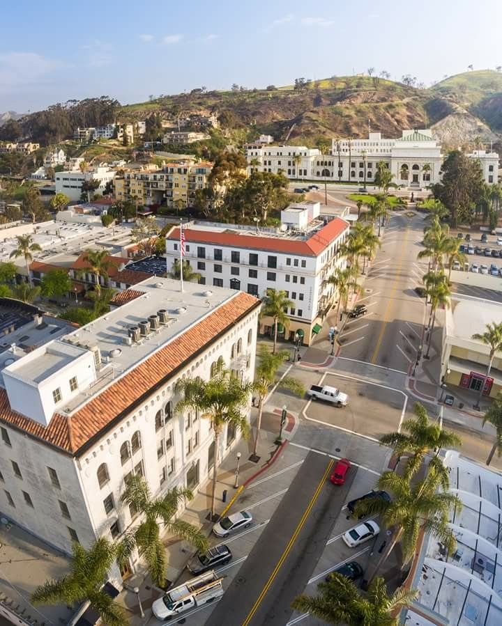 an aerial view of a city with buildings and palm trees