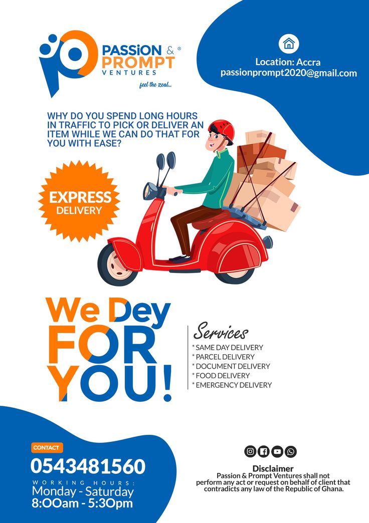 an advertisement for a pizza delivery company with a man on a scooter and the words we do for you