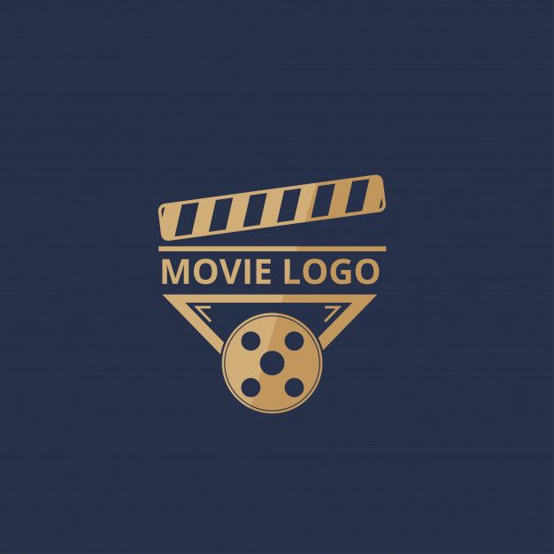 a movie logo with a film reel and clapsticks on the side, against a dark blue background