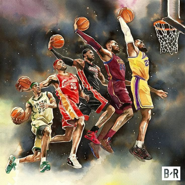 a painting of basketball players in the air