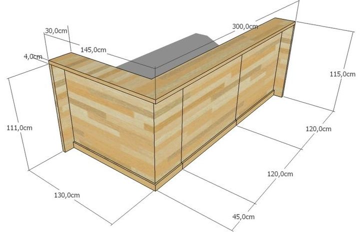 a wooden desk with measurements for the top and bottom section, including an external drawer