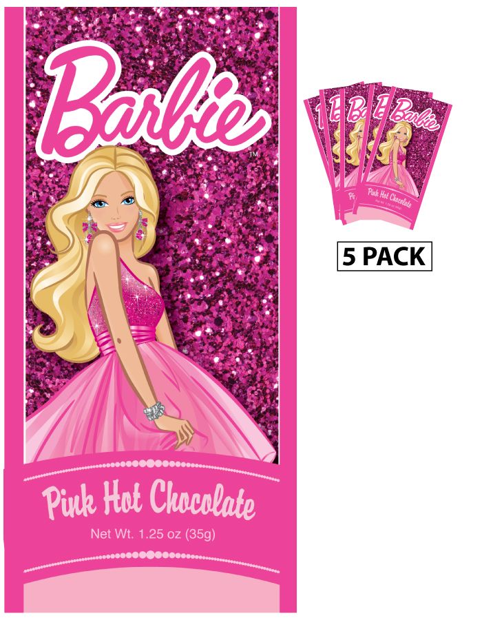 barbie pink hot chocolate candy bar wrapper with the packaging in front of it and 5 packs