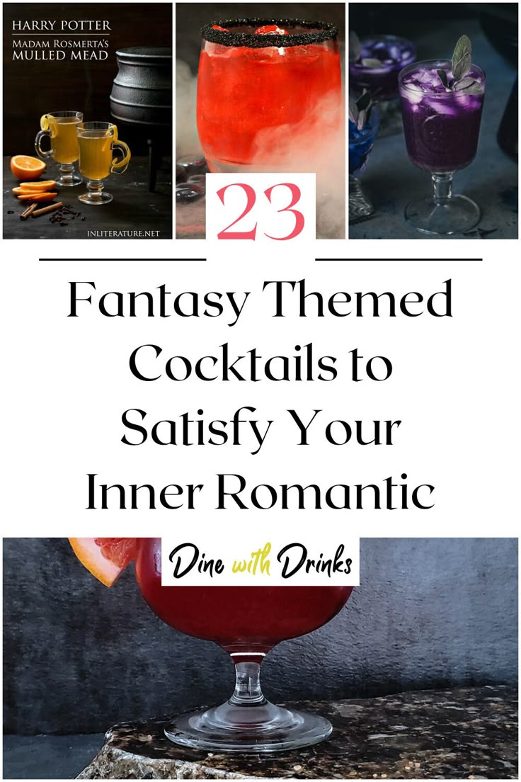 Collage of 4 fantasy themed cocktails. Cocktail Theme Drinks, Cocktails Inspired By Books, Lord Of The Rings Drinks Recipes, Dragon Themed Drinks, Game Night Cocktails Drinks, Dragon Cocktail Drinks, Dnd Cocktail Recipes, Dnd Themed Cocktails, Acotar Themed Cocktails