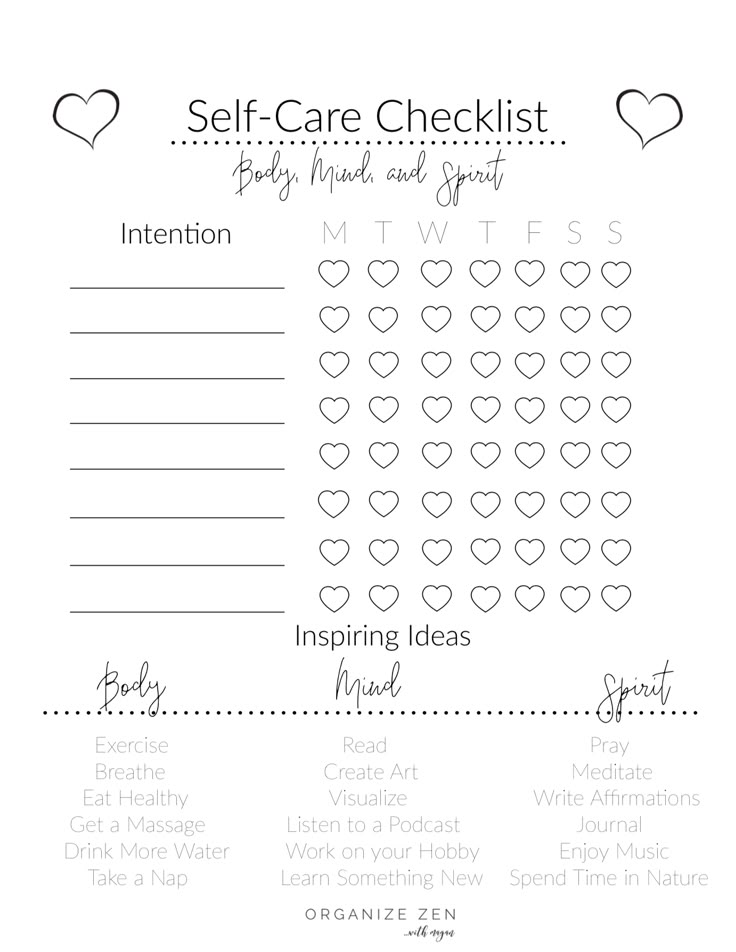 a printable self care checklist with hearts