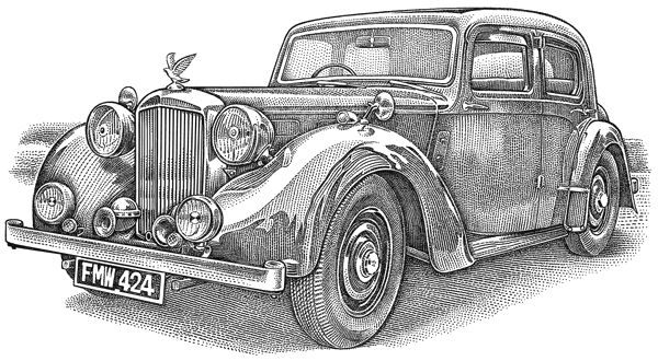 an old fashioned car is shown in this black and white drawing, with the hood down