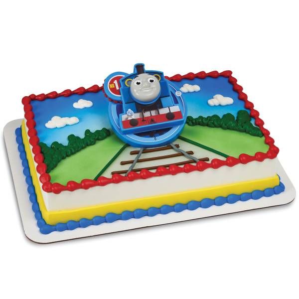 a thomas the train birthday cake on a plate