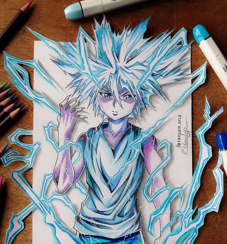 a drawing of an anime character with blue hair