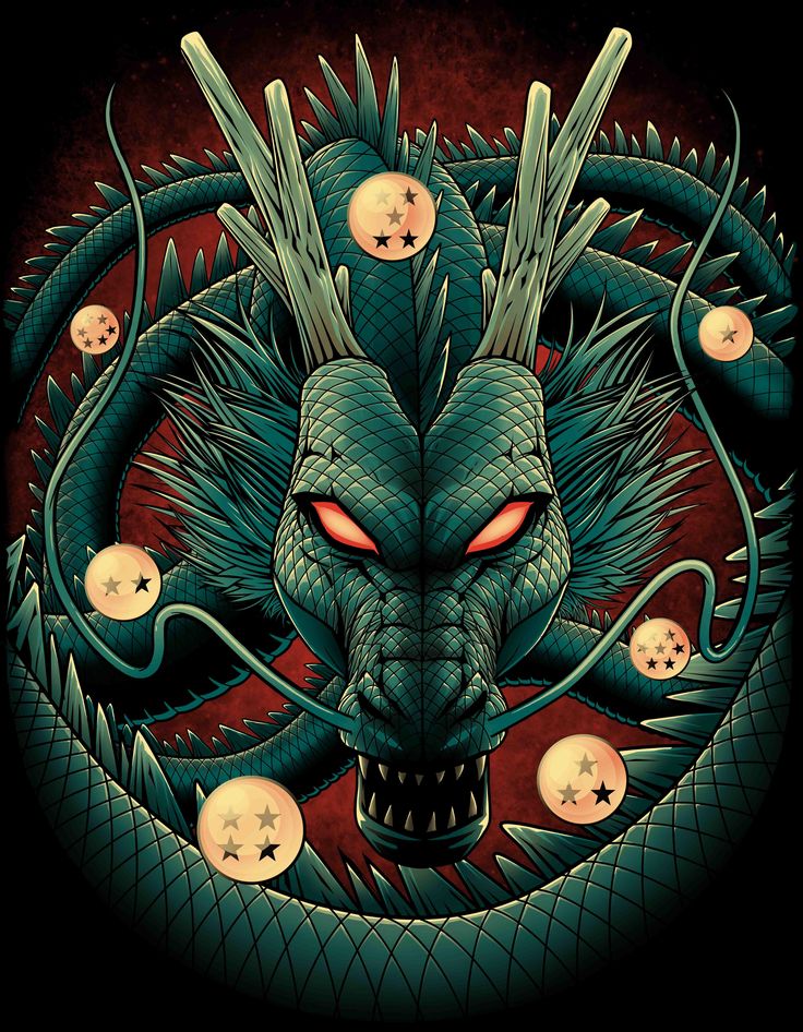 an image of a dragon with red eyes and fangs on it's face, surrounded by other creatures