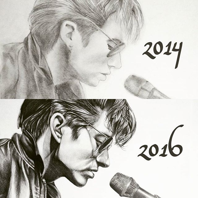 two drawings of the same person in front of a microphone and one with glasses on