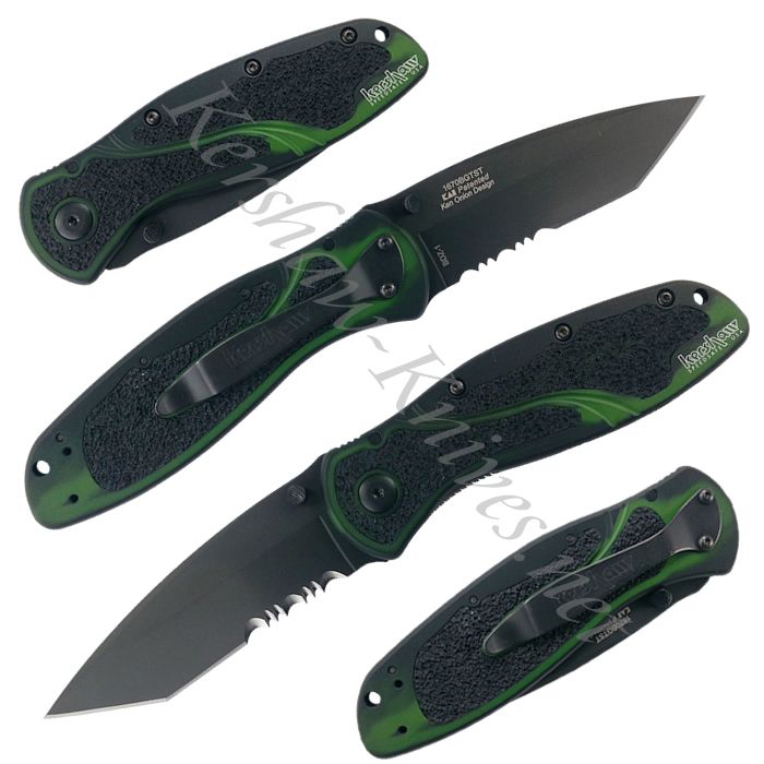 three knives with green handles and black blades