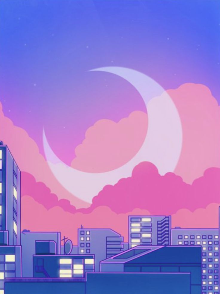 an animated cityscape with the moon in the sky