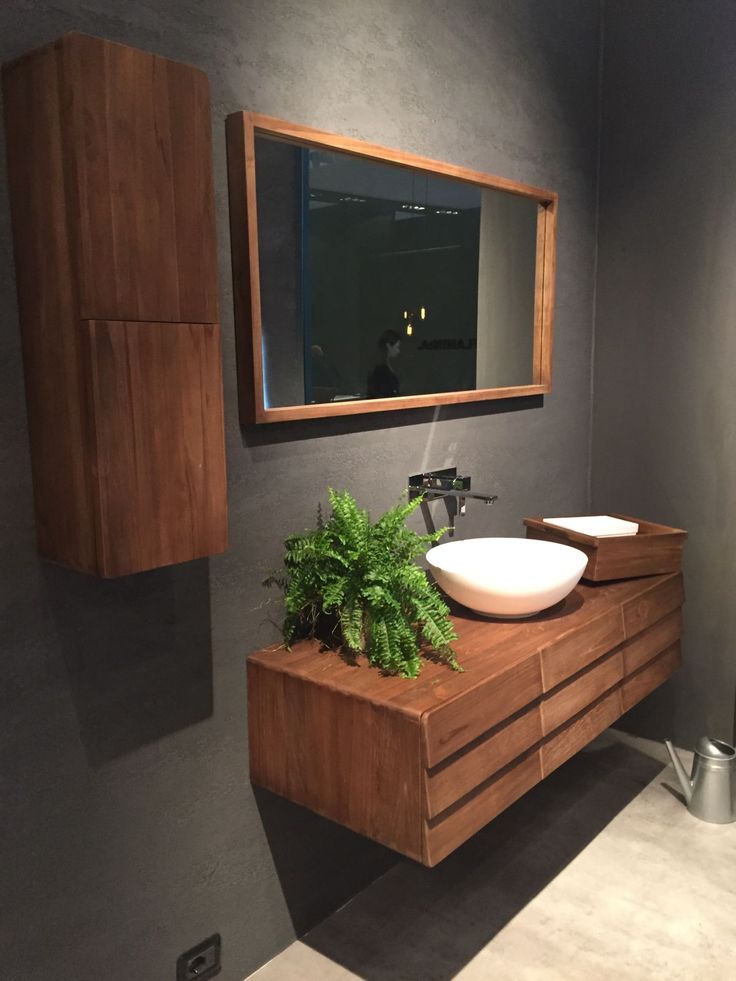 a bathroom with two sinks and a mirror on the wall next to a potted plant