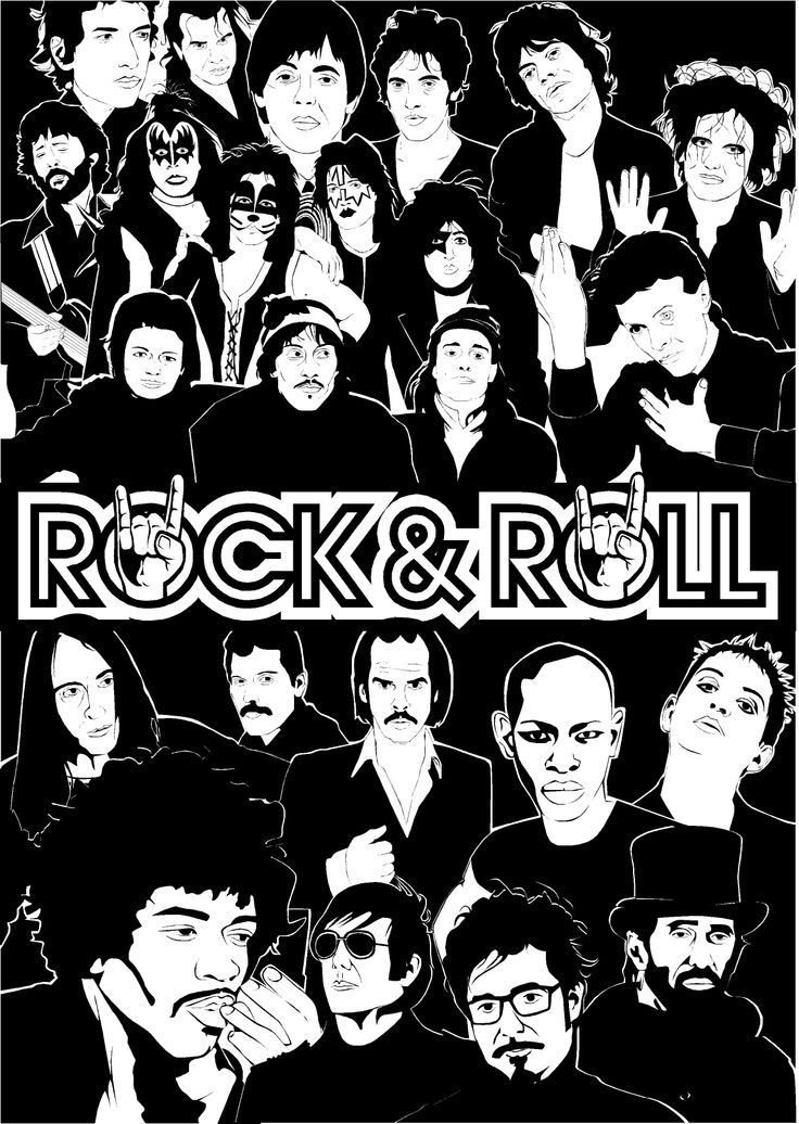 the rock and roll poster is shown in black and white, with an image of many people