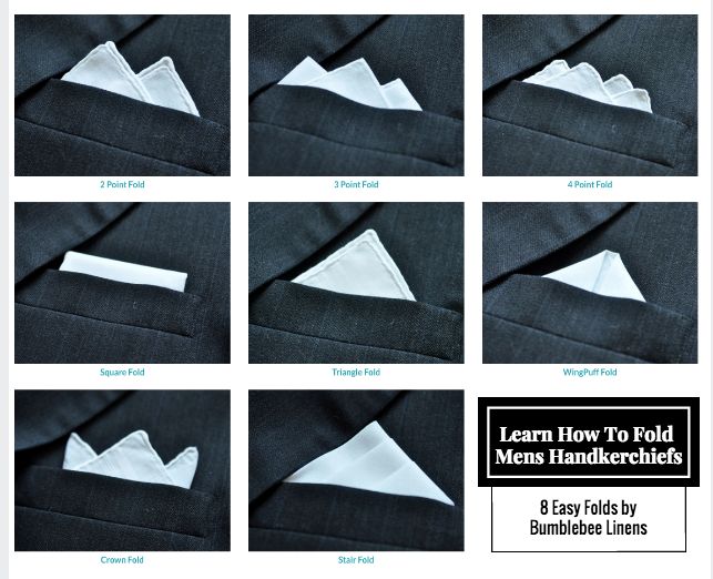 How to Fold Mens Handkerchiefs - Pocket Square Folding Guide   Nothing finishes off a look to a men's suit like adding a pocket square or mens handkerchief to your ensemble. It's an easy and inexpensive accessory to add class to your appearance and a dash of color to your suit.   All of the folds shown below can be performed on any of the mens handkerchiefs that we sell. Even if you have never folded anything in your life, you will be surprised at how easy it can be. Hankerchief For Suit Pocket Squares, How To Fold Mens Hankerchief, Suit Napkin Fold, How To Fold A Pocket Square Tutorials, Hankerchief Suit, How To Fold A Handkerchief For A Suit, How To Pocket Square, How To Fold A Pocket Square, Fold Handkerchief