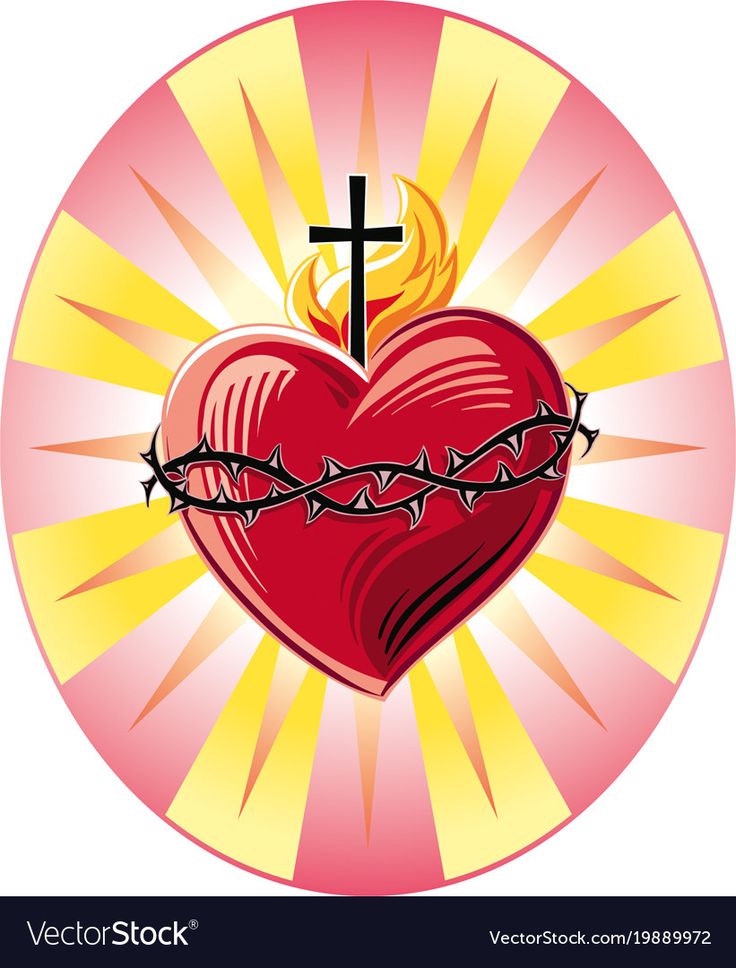 a heart with barbed wire and a cross in the center on a sunburst background