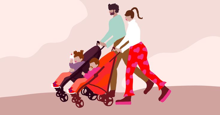 an illustration of a family walking with their baby in a stroller and holding the child's hand