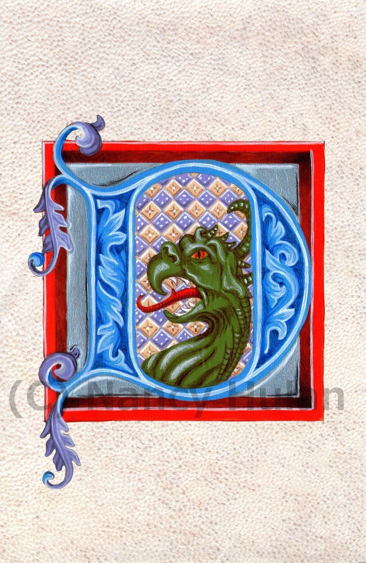 a painting of a green dragon in a red frame on a white background with blue accents