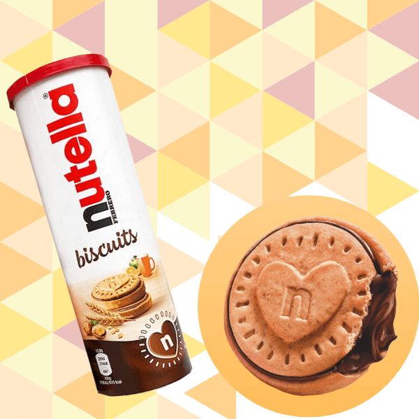 an oreo cookie next to a can of nutella biscuits on a geometric background