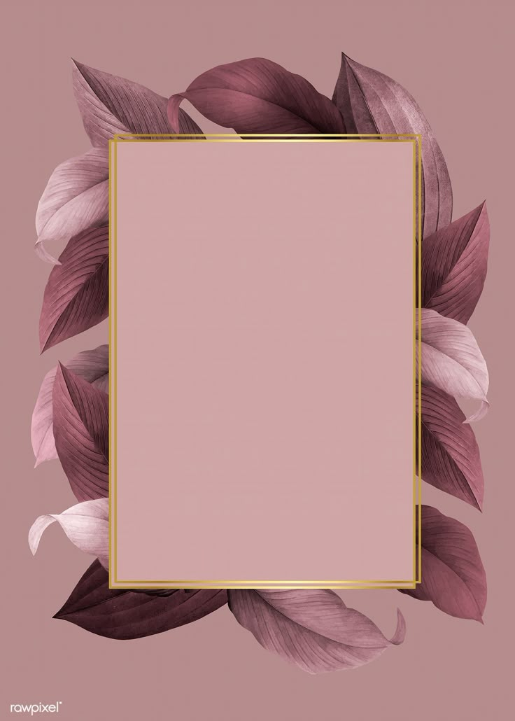 a pink and gold frame with leaves around it on a light pink wallpaper background