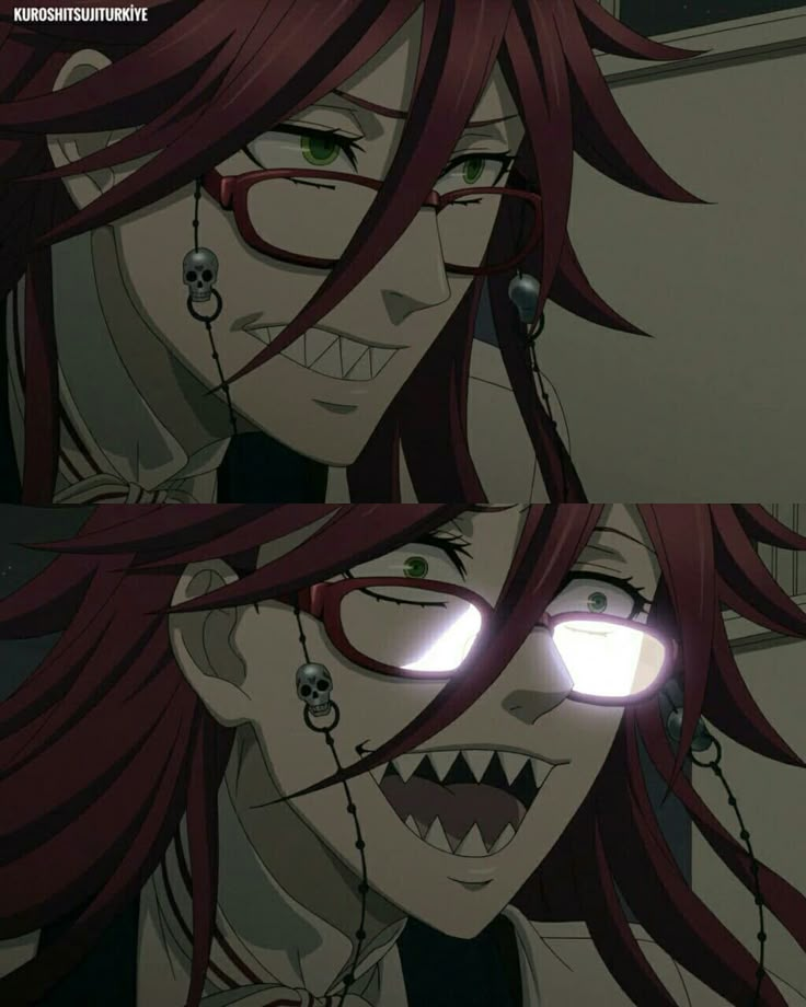 two anime characters with red hair and glasses staring at the same person in front of them