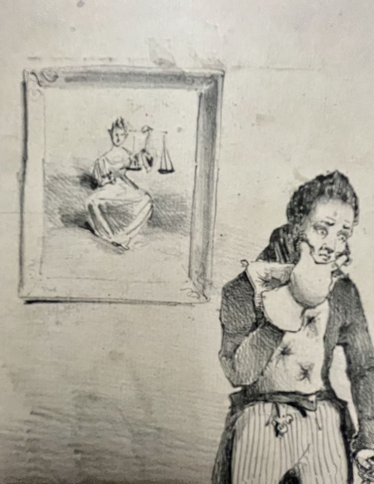 an old black and white drawing of a woman in front of a painting with a baby on it