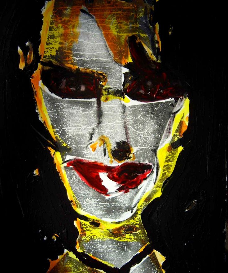 a painting of a man with his face painted in yellow and red, on a black background